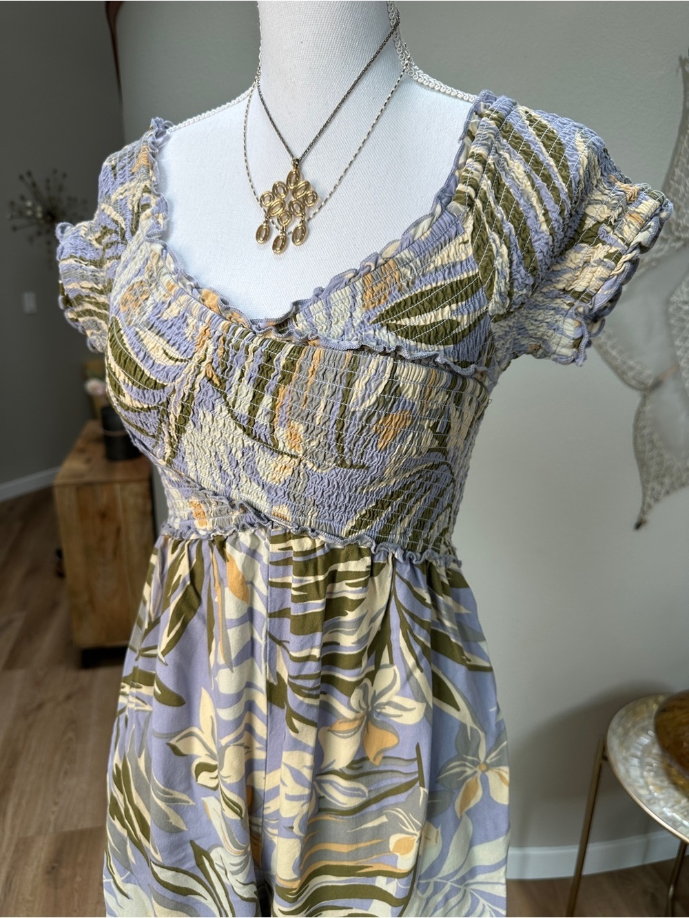 Floral Smocked Wide-Leg cap sleeve Jumpsuit - Lavender & Olive